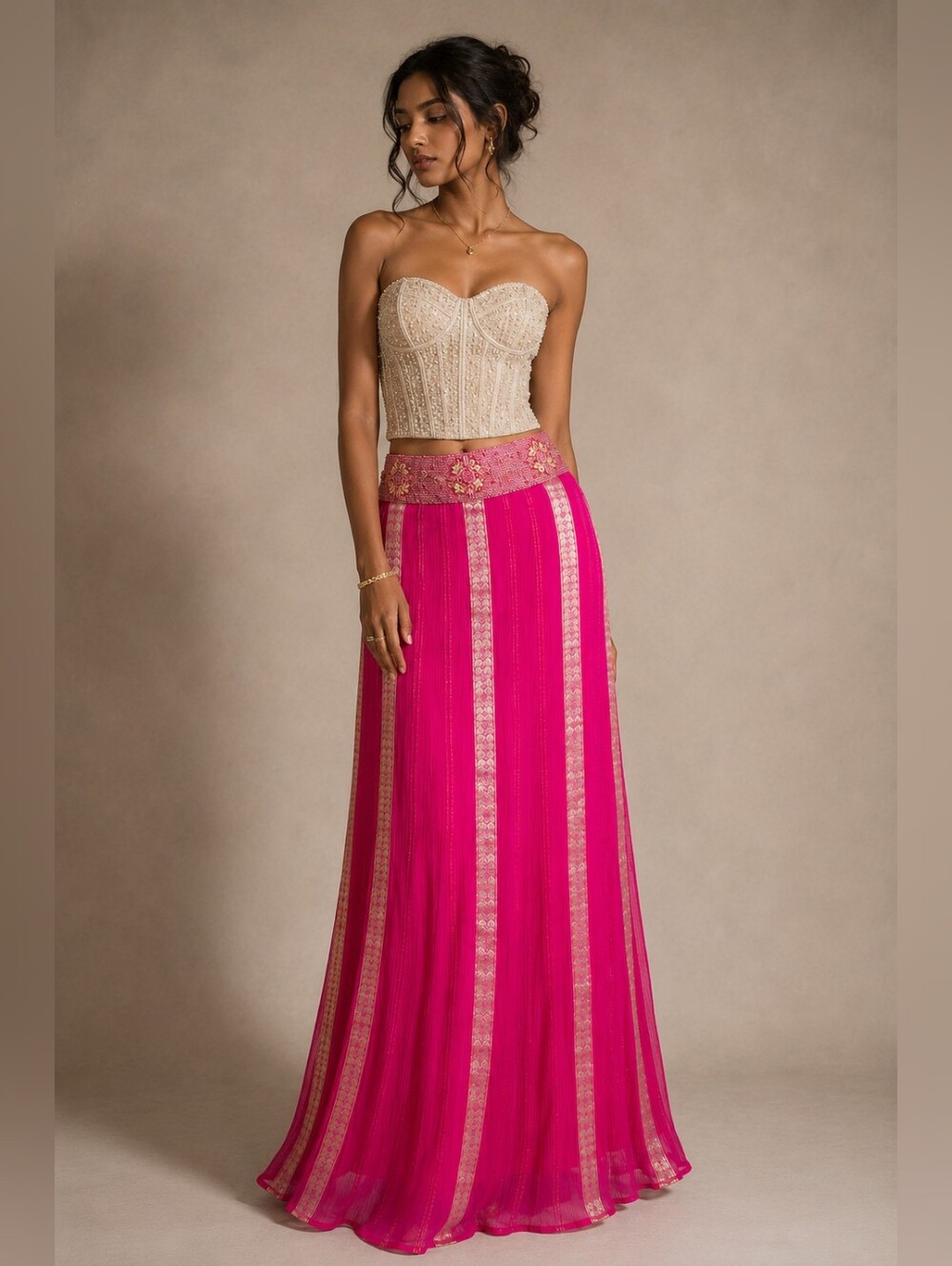 Vintage Fuchsia Beaded Maxi – Boho Indian Embellished Festival Evening Skirt